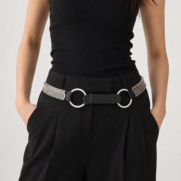 Streets Ahead Womens Black Leather Silver O-Ring Wavy Metal Ribbed Belt USA Made main image 6